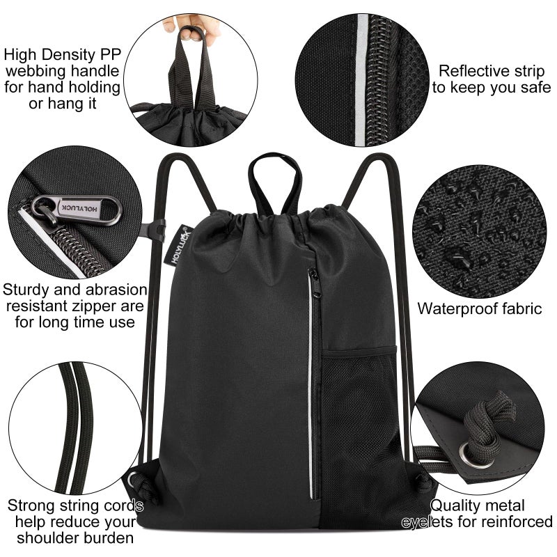 HOLYLUCK Men & Women Outdoor Sport Gym Sack Waterproof Drawstring Backpack Bag (black) - Image 4